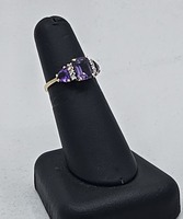 14k Yellow Gold 3-Stone Amythyst Ring (Emerald Cut Center stone & trillion