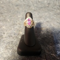  Marquee Pink Topaz 10K Yellow Gold Evening Ring Surrounded by White Saphire 