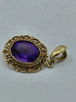  Vintage 9k Victorian Filagree Rose Gold Pendant W/ 2.5ct Oval Amythest