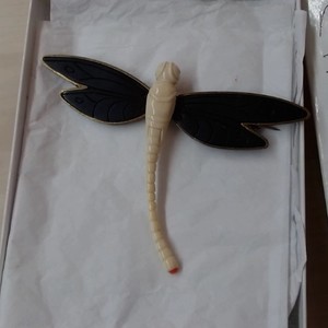 Extasia Dragonfly Broach Made From Fossilized Mastodon Ivory and Jet Rock - Auth
