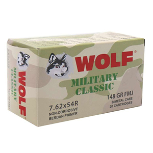 Wolf Military Classic 7.62x54R Ammo 148 Grain FMJ Bimetal case 20 round box