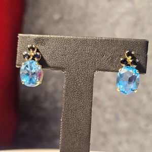  14Kt YG Blue Topaz & Natural Blue Sapphire Earrings 