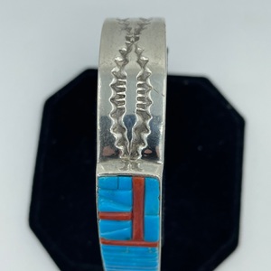  Thomas Francisco Sterling Silver Navajo Cuff Bracelet with Turquoise and Coral